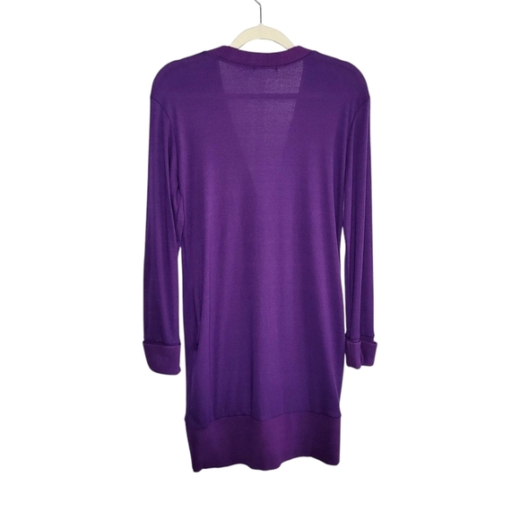 Women's Purple Longline Slim Fit V-Neck Ribbed Hem Cardigan Sweater Size L - Picture 3 of 8
